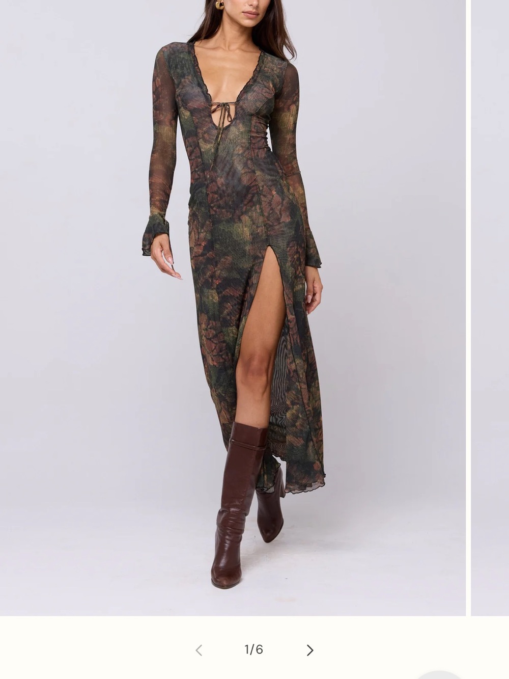 RESA Long Sleeve Floral Mesh Maxi Dress in Olive Green and Brown